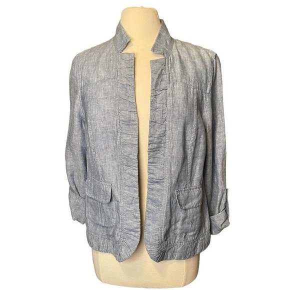 Chicos Ruffled Chambray Galinda Linen Open Front Jacket Blue Size 8 (Chicos 1) - Picture 1 of 9